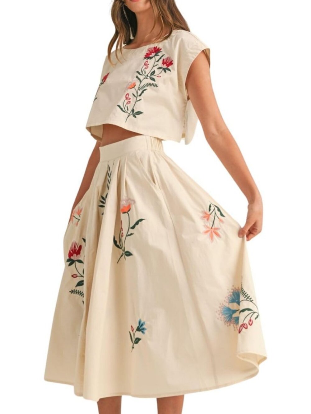 Floral Embroidery Boho Dress Set - Sleeveless Tank Top & Loose Fit Skirt